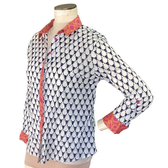 French Curve M Cotton Multicolor Novelty Print Contrast Trim Button-Up Top 180C - Picture 4 of 8